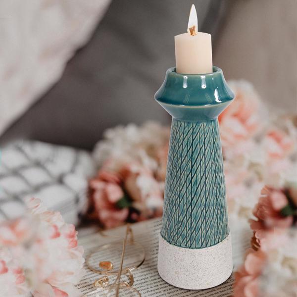 Vinyl Wall Covering Accessories Accessories Cross Hatched Sea Blue Ceramic Candle Holder, Larg