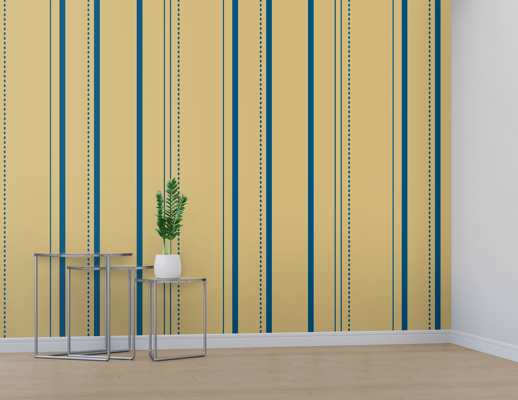 Vinyl Wall Covering Digital Curated Matte Awning Stripe Buff Blue Room Scene