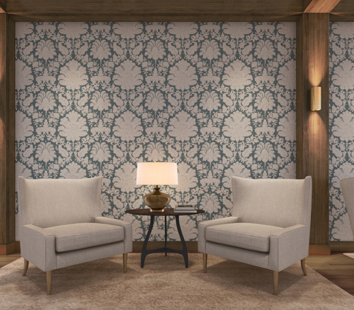 Vinyl Wall Covering Vycon Contract Watercolor Damask Ivory Pearl Room Scene